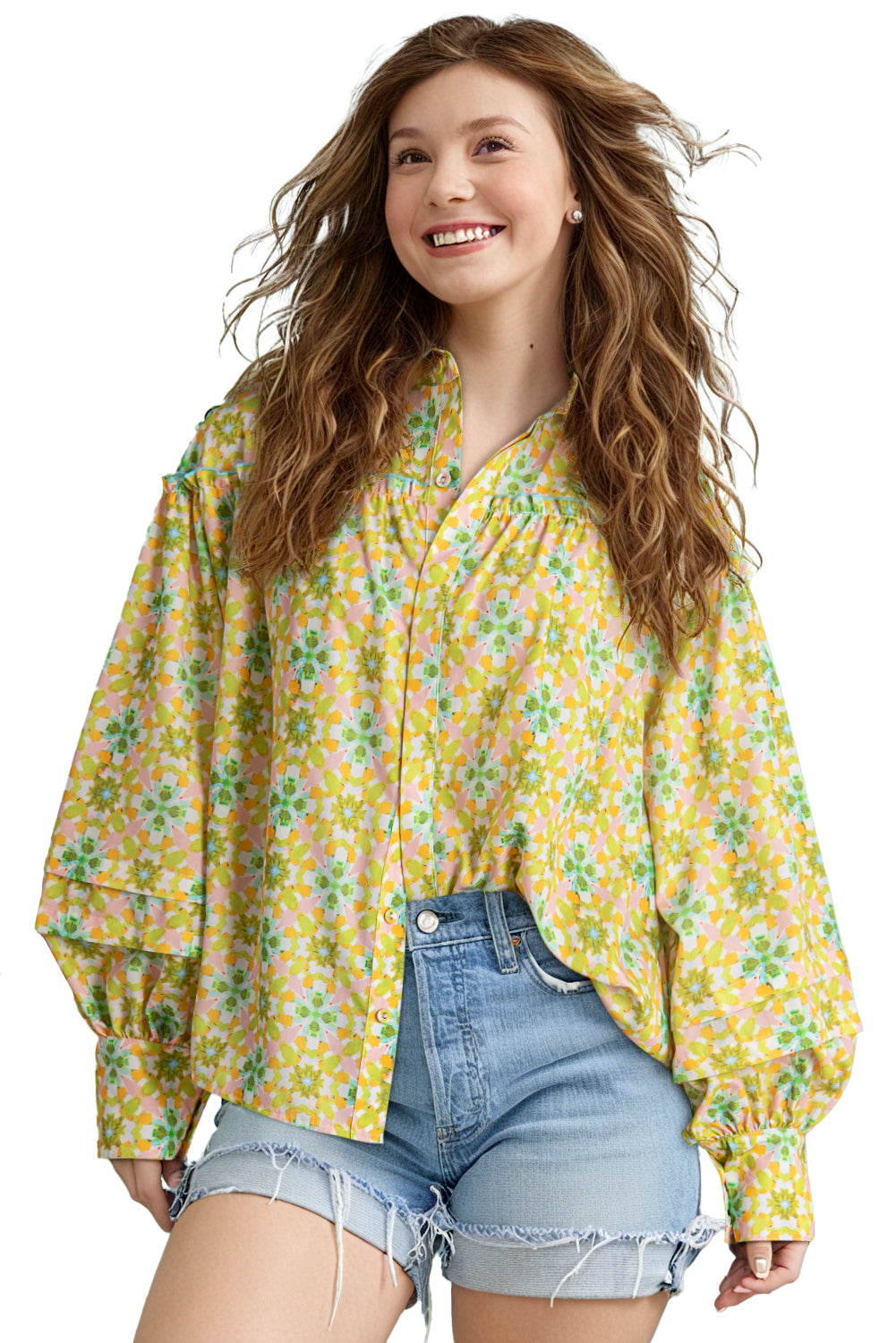 Green Boho Floral Frill Detail Long Sleeve Blouse