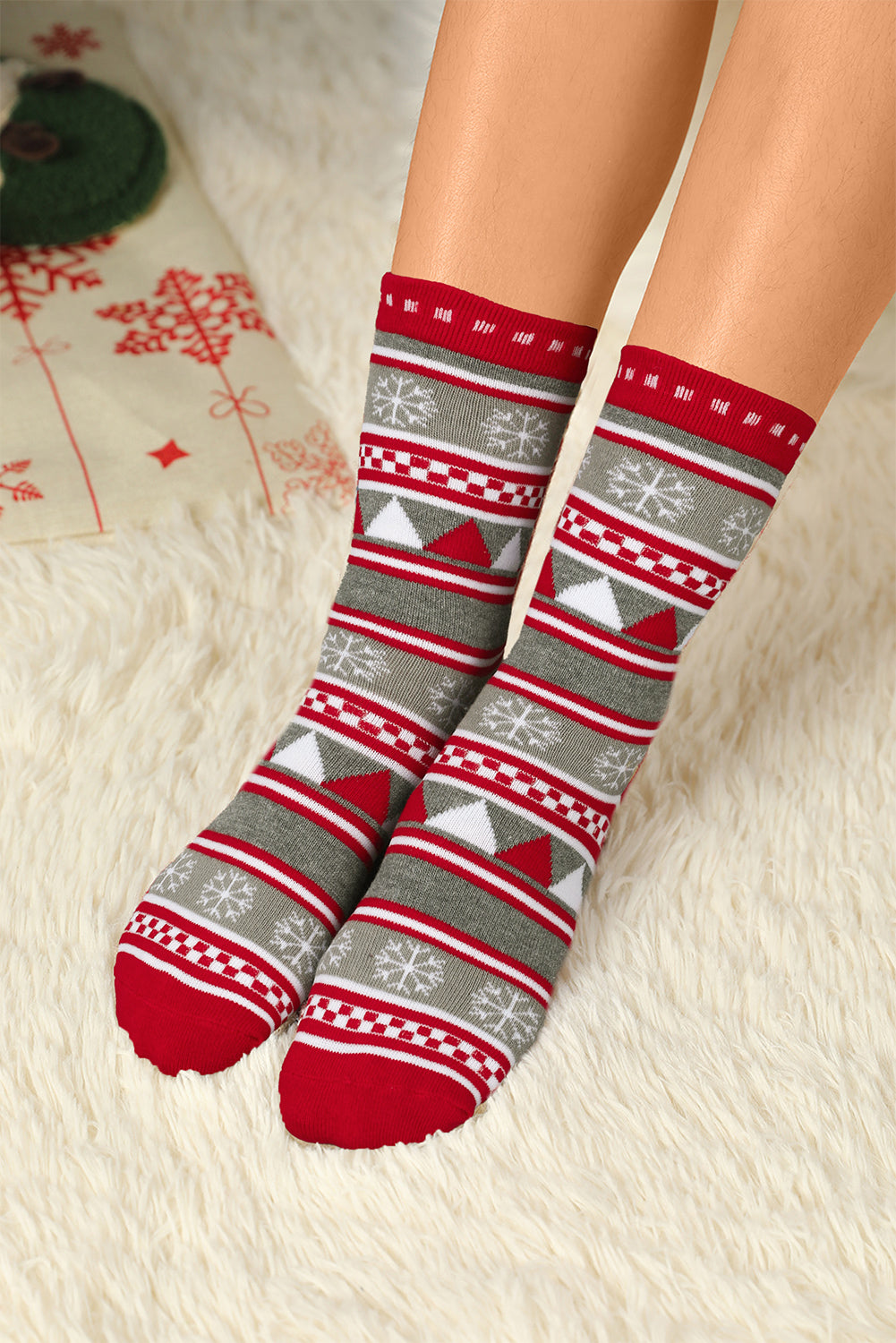 Fiery Red Christmas Snowflake Crew Socks