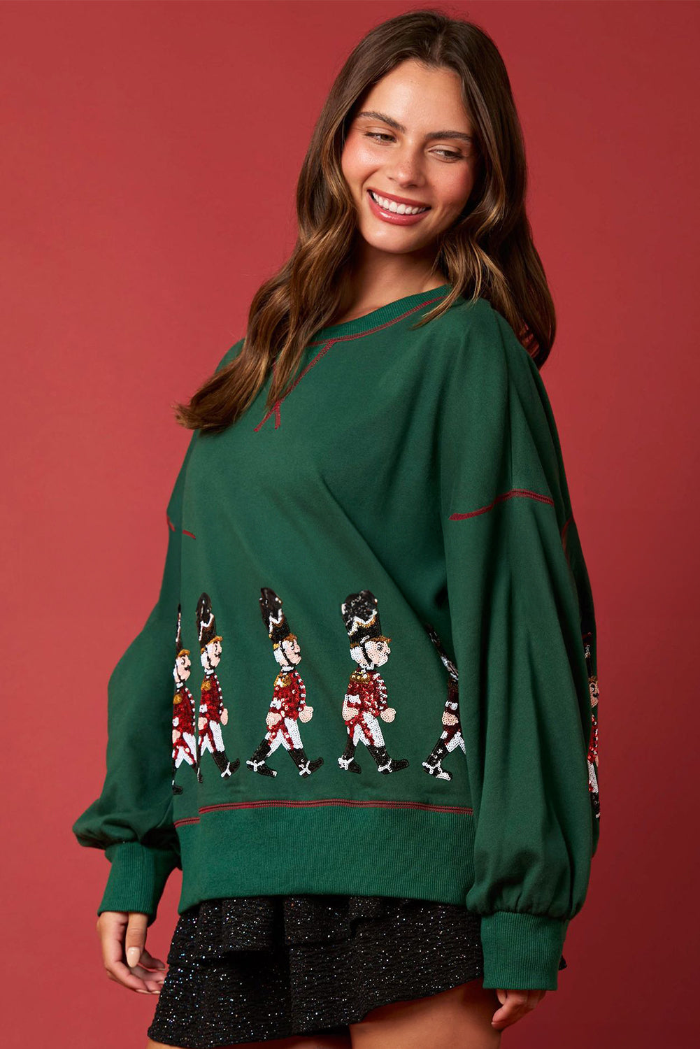 Blackish Green Nutcracker Sequin Round Neck Sweathershirt