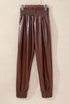 Brown Smocked High Waist Leather Skinny Pants