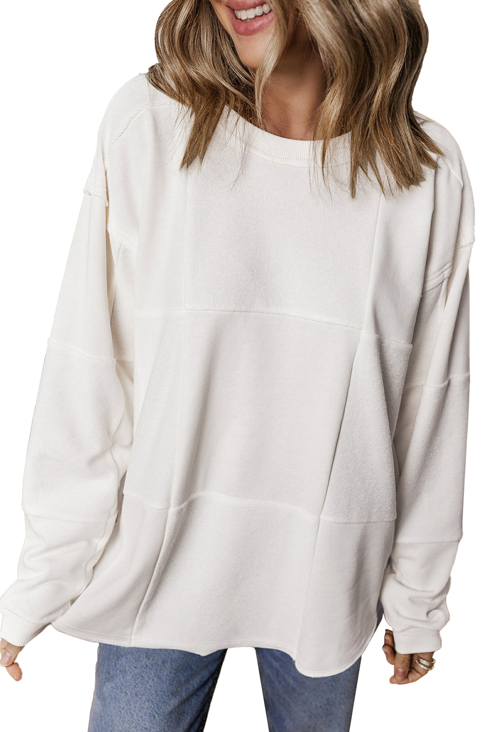 White Solid Color Drop Shoulder Baggy Sweatshirt