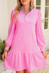 Pink Striped Collar Long Sleeve Ruffle Hem Dress