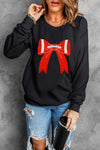 Black Game Day Chenille Bow Patched Drop Shoulder Sweatshirt