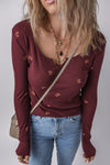 Burgundy Notched Neck Floral Print Ribbed Long Sleeve Top