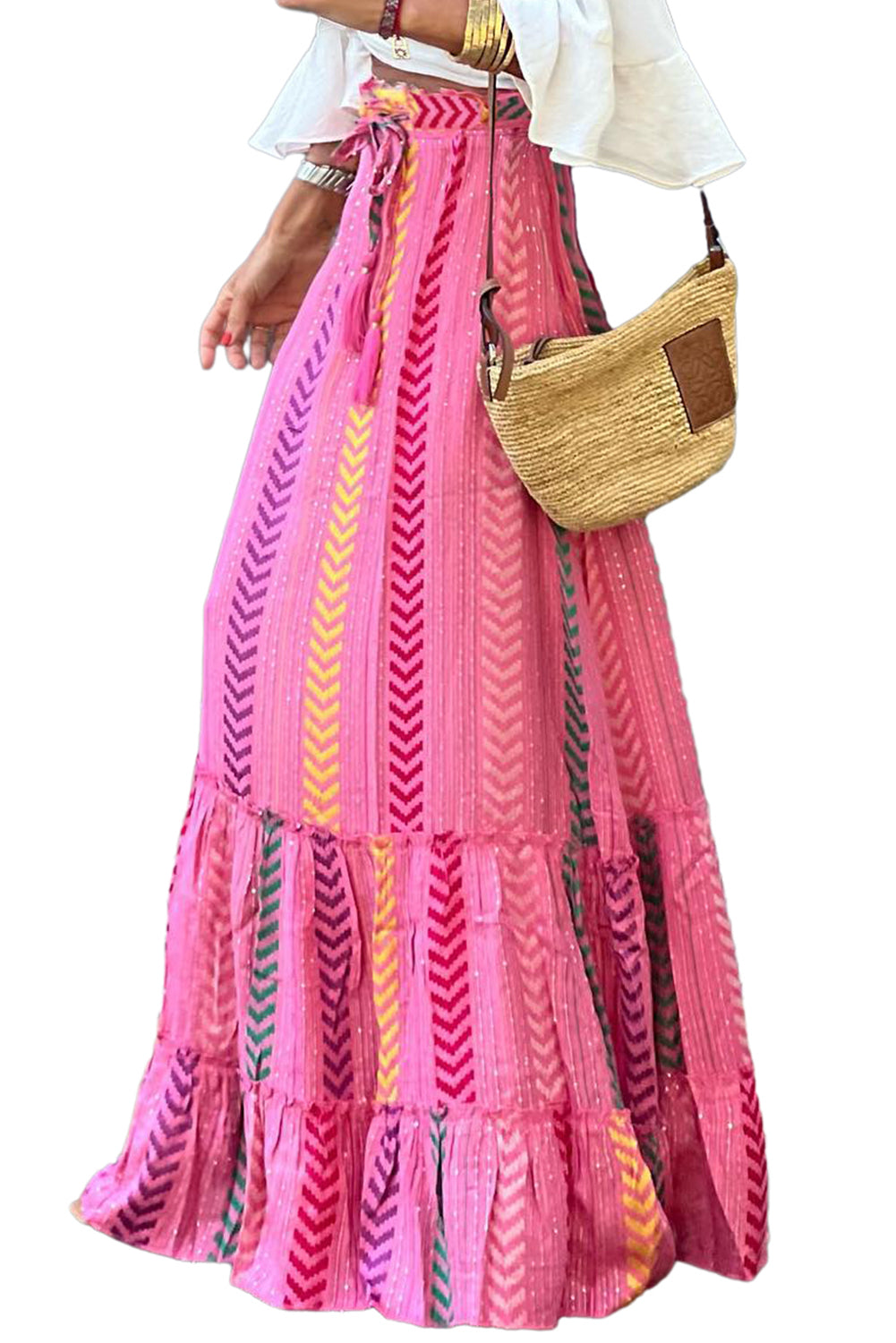 Pink Boho Tassel Tie Ruffled Tiered Maxi Skirt