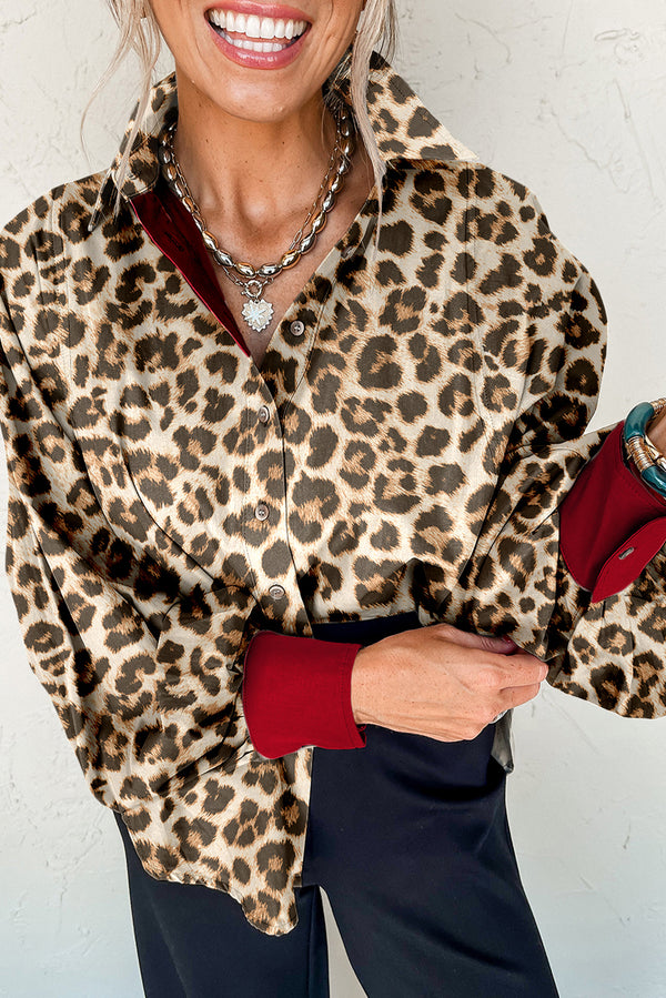 Khaki Leopard Print Button Long Sleeve Shirt
