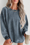 Khaki Solid Ribbed Round Neck Pullover Sweatshirt