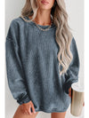 Pink Solid Ribbed Round Neck Pullover Sweatshirt