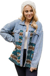 Blue Vintage Geometric Print Raw Hem Denim Jacket