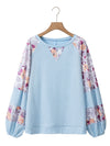 Beau Blue Crinkle Rib Floral Patchwork Balloon Sleeve Top