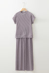 Blue Solid Corded Short Sleeve T Shirt and Wide Leg Pants Set
