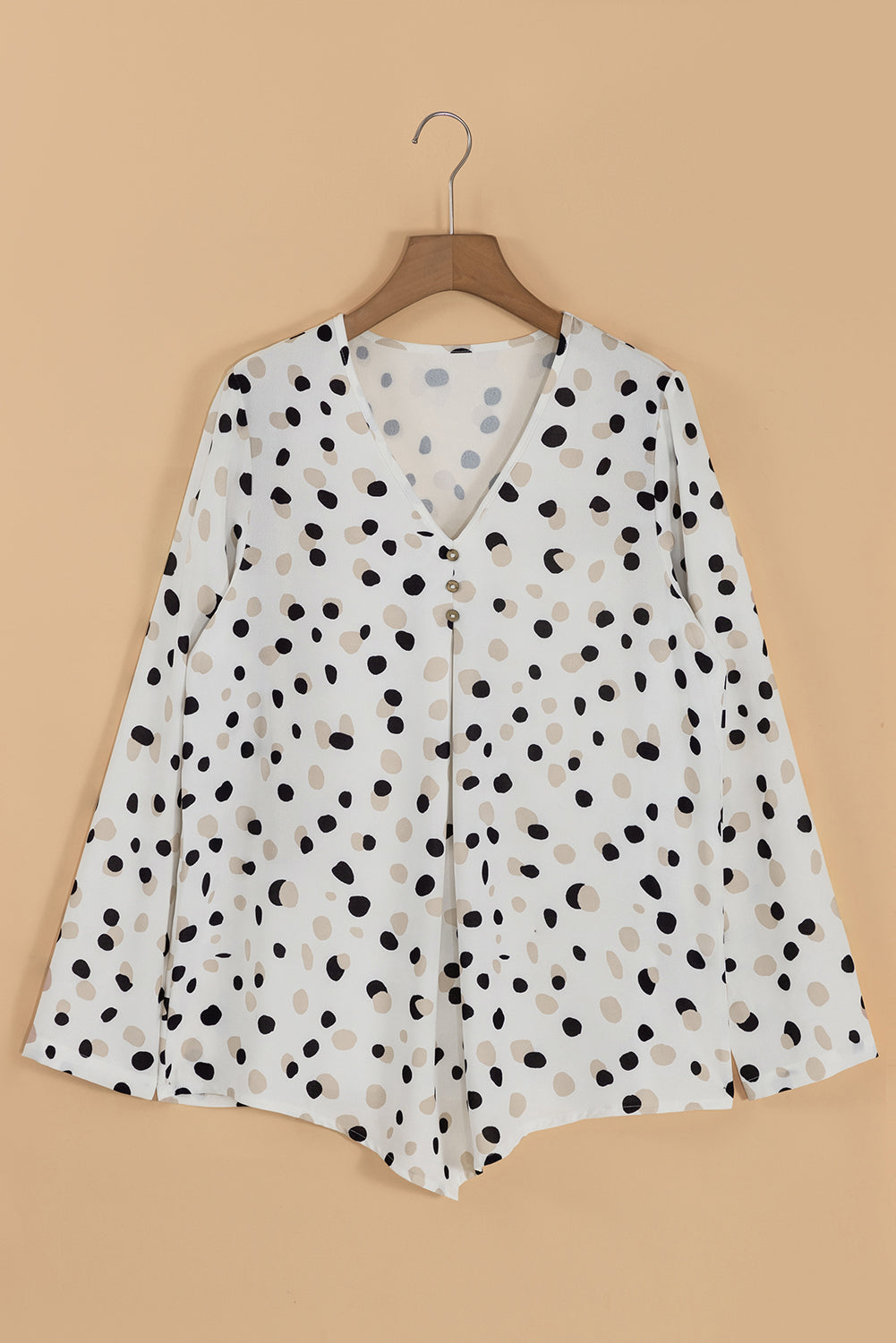 White Dotted Print V Neck Long Sleeve Blouse