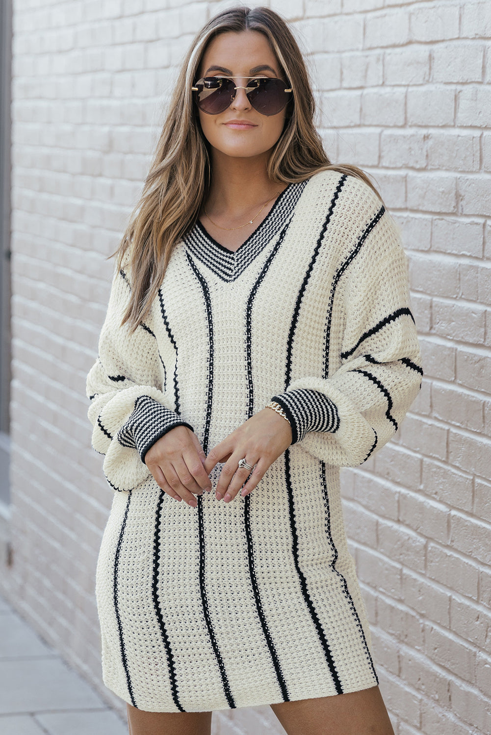 White Contrast V Neck Loose Tunic Sweater