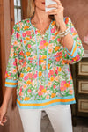 Green Floral Print Striped Trim Puff Sleeve Babydoll Blouse
