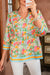 Green Floral Print Striped Trim Puff Sleeve Babydoll Blouse