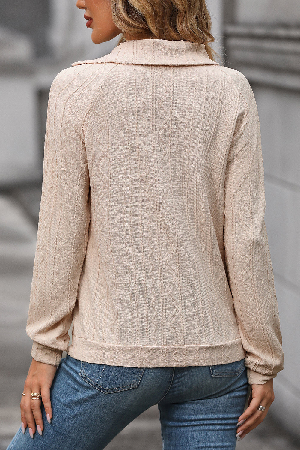 Parchment Casual Button Asymmetrical Neck Long Sleeve Top