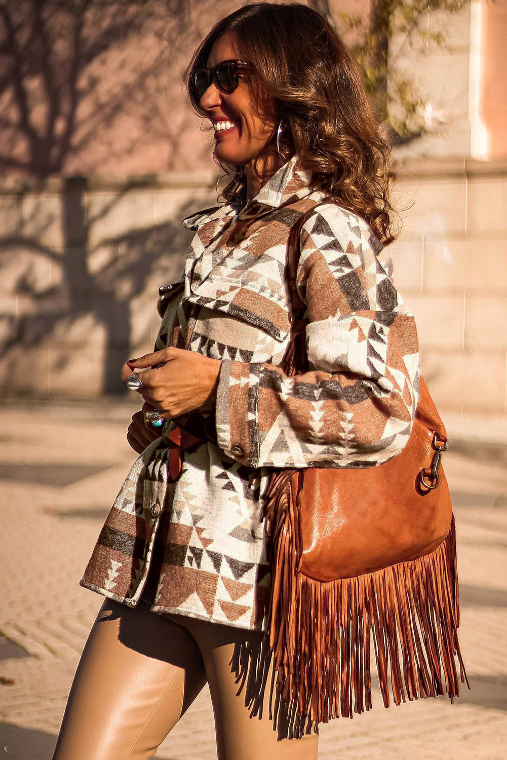 Brown Geometric Print Flap Pocket Jacket