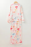 White Bow Print Lapel Collar Wide Leg Satin Pajama Set