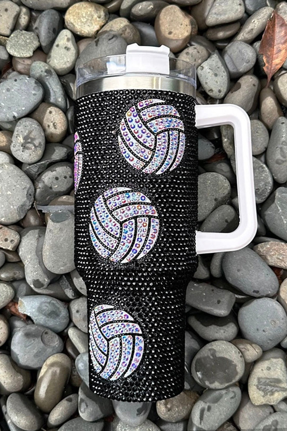 Black 40Oz Rhinestone Volleyball Tumbler Cup with Handle