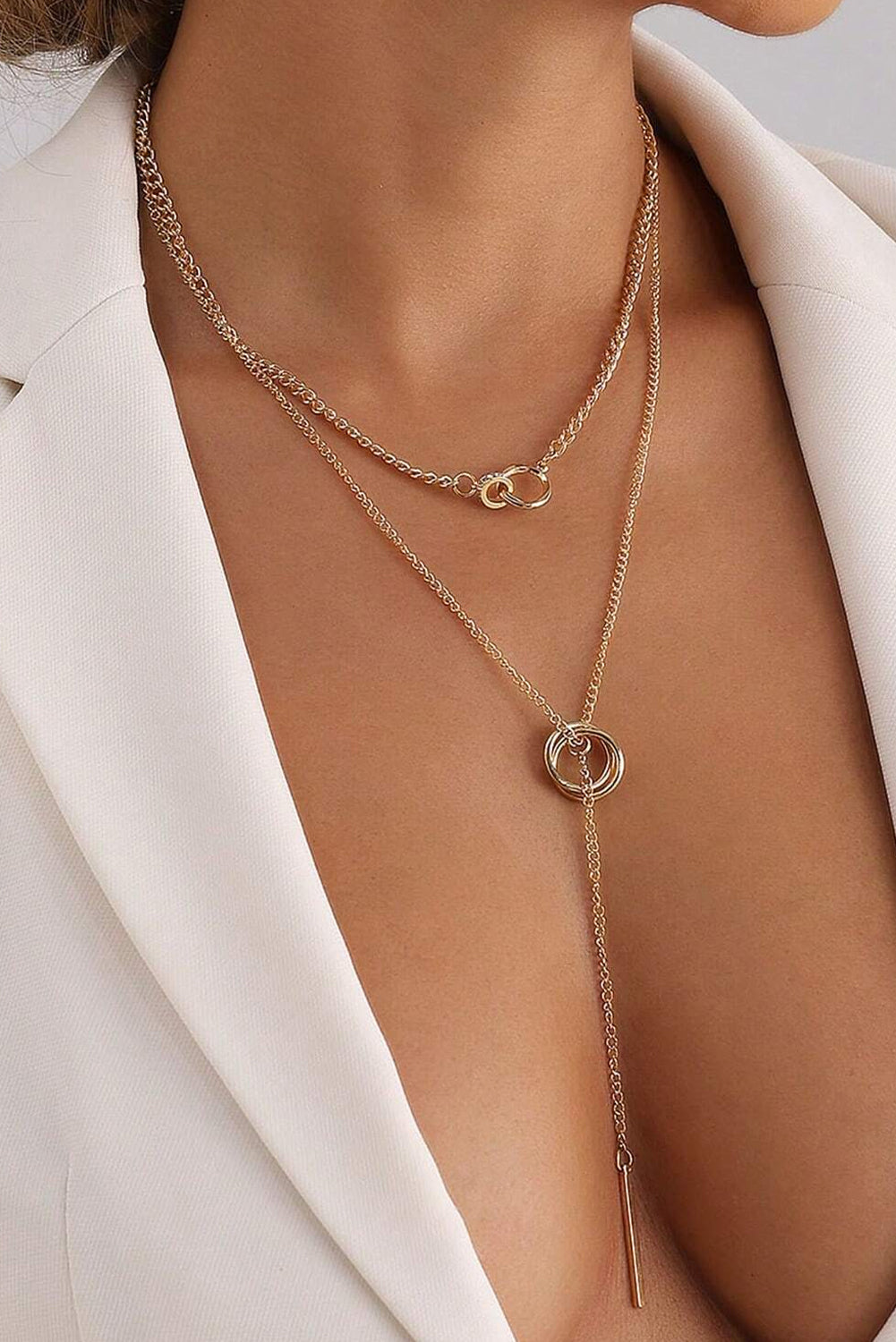 Gold Plated Double Layer O-Ring Long Stick Pendant Chain Necklace