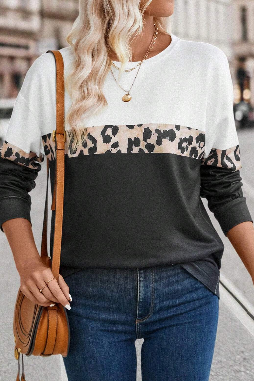 Black Leopard Colorblock Round Neck Long Sleeve Top