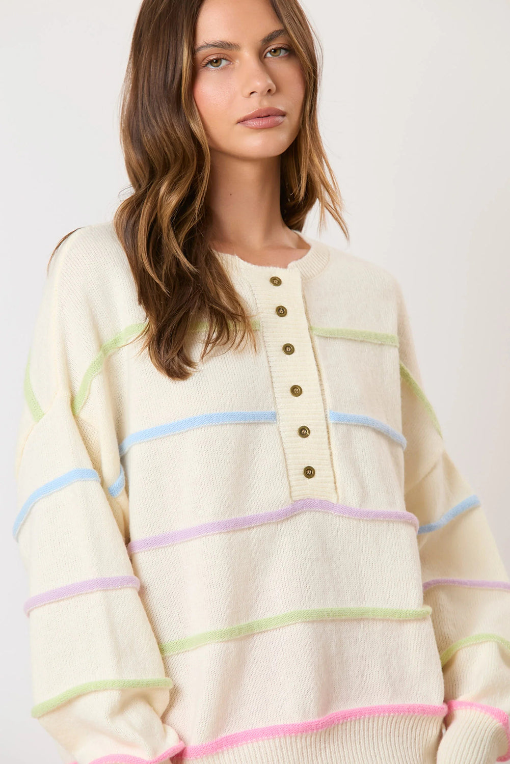 White Rainbow Striped Drop Sleeve Henley Sweater