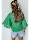 Green Frilly Round Neck Wide Half Sleeve Blouse