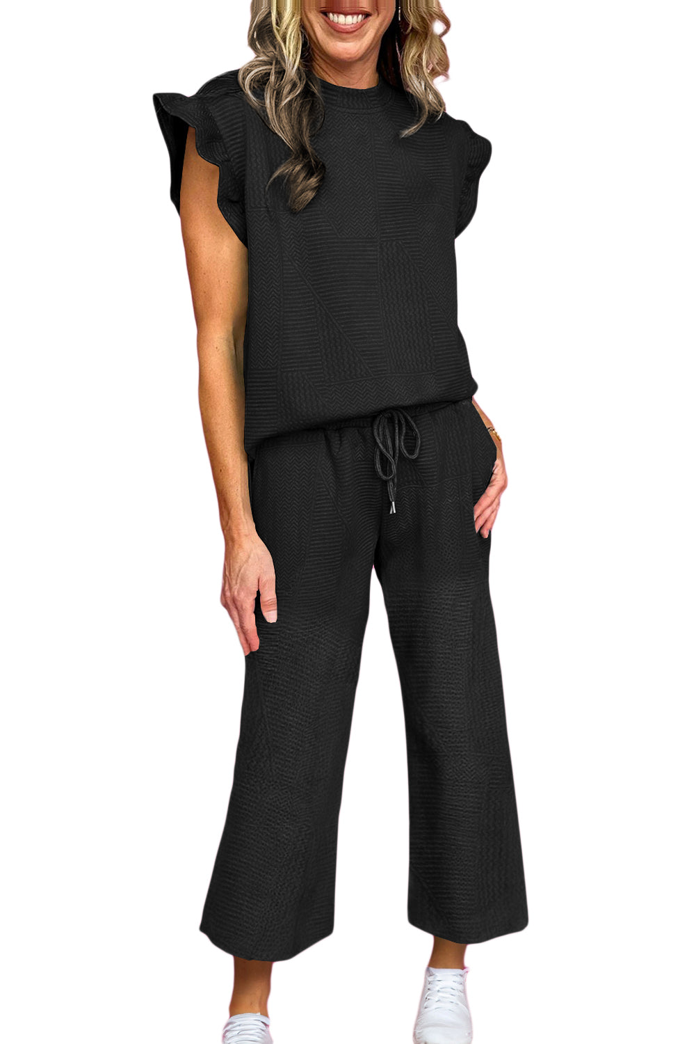 Black Textured Ruffle Summer Top and Drawstring Pants Set