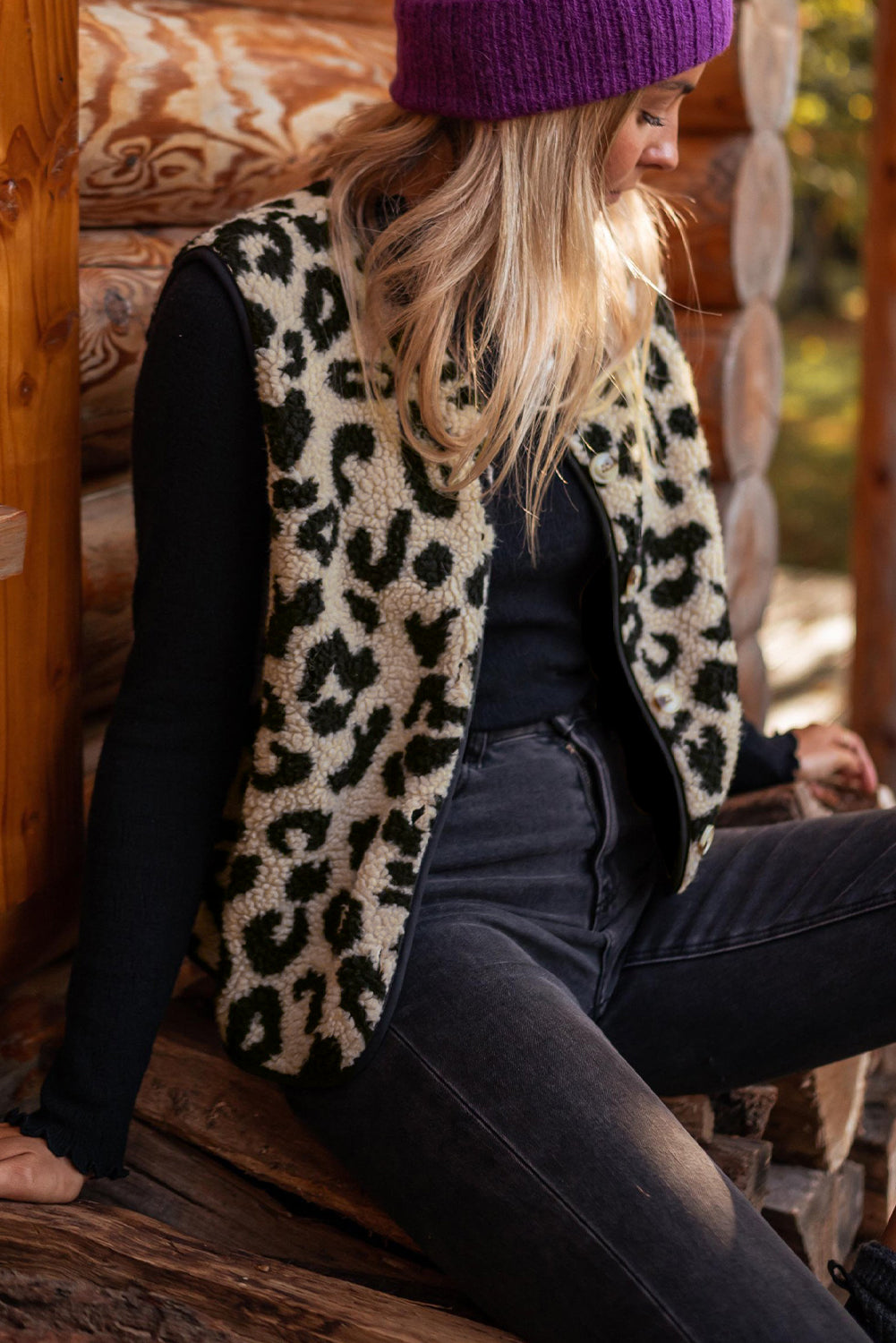 Black Leopard Print Sherpa Button Front Vest Coat