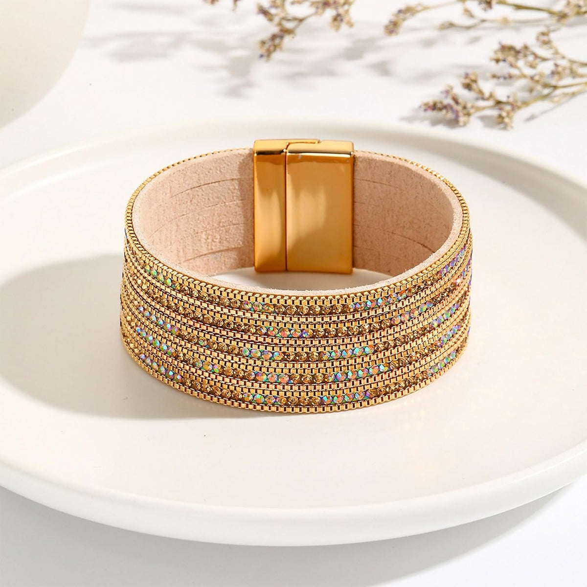 Gold Full Diamond Leather Wide Magnetic Buckle Bracelet