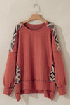 Redwood Burl Aztec Patchwork Drop Shoulder Plus Size High Low Sweatshirt