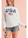 White USA Flag Print Ribbed Drop Shoulder Sweatshirt