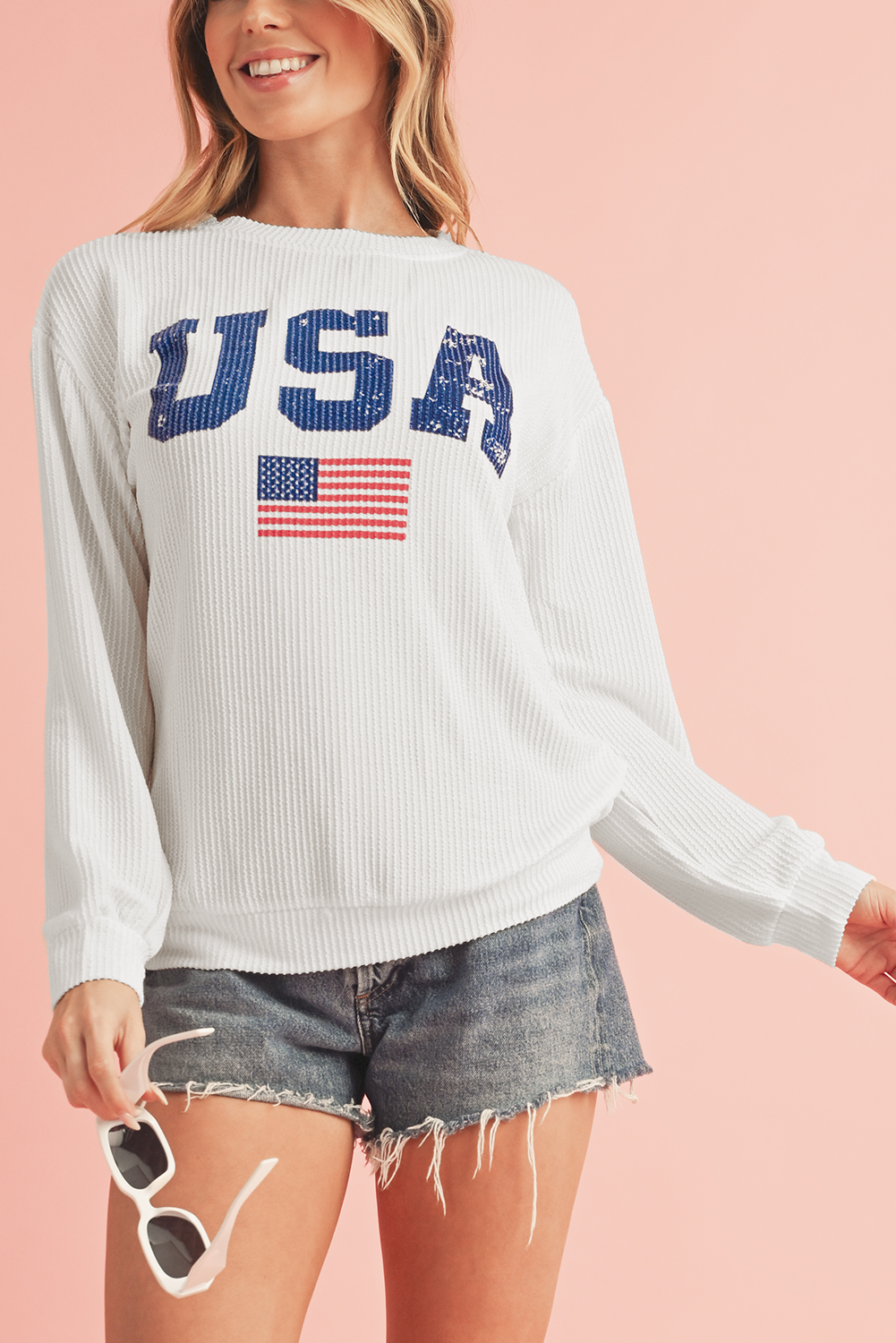 White USA Flag Print Ribbed Drop Shoulder Sweatshirt