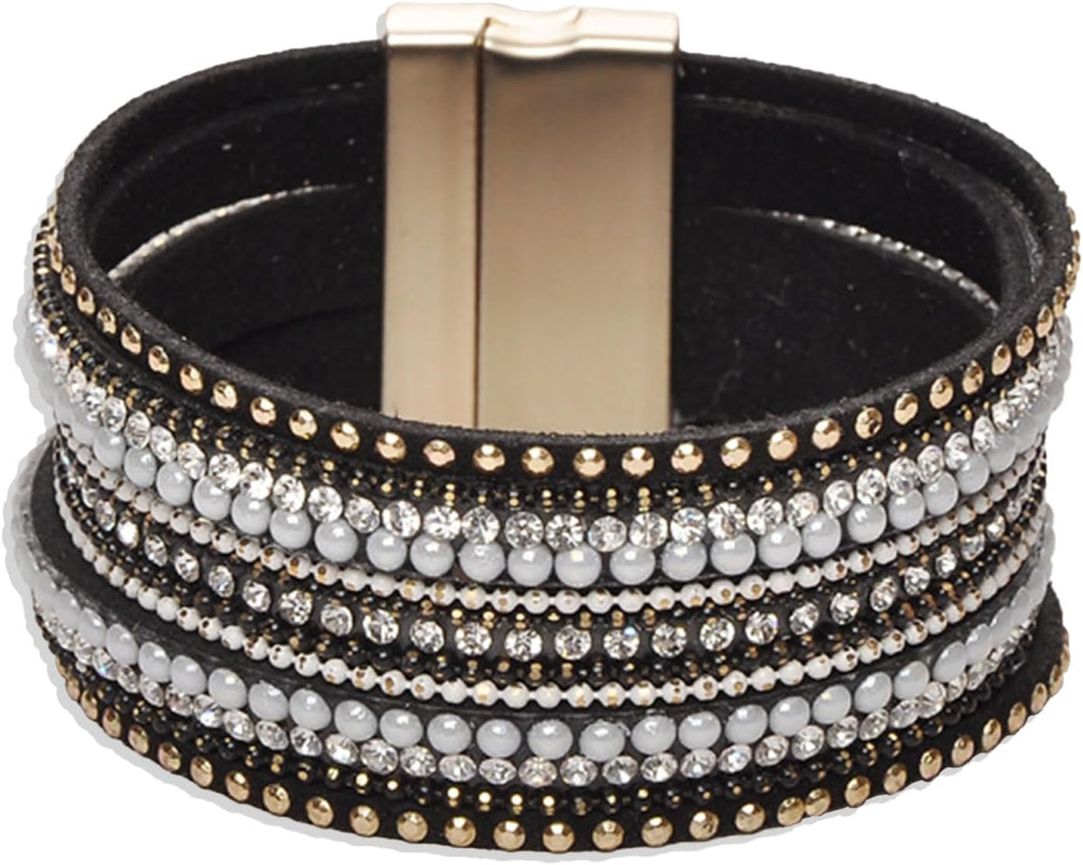 Gold Full Diamond Leather Wide Magnetic Buckle Bracelet