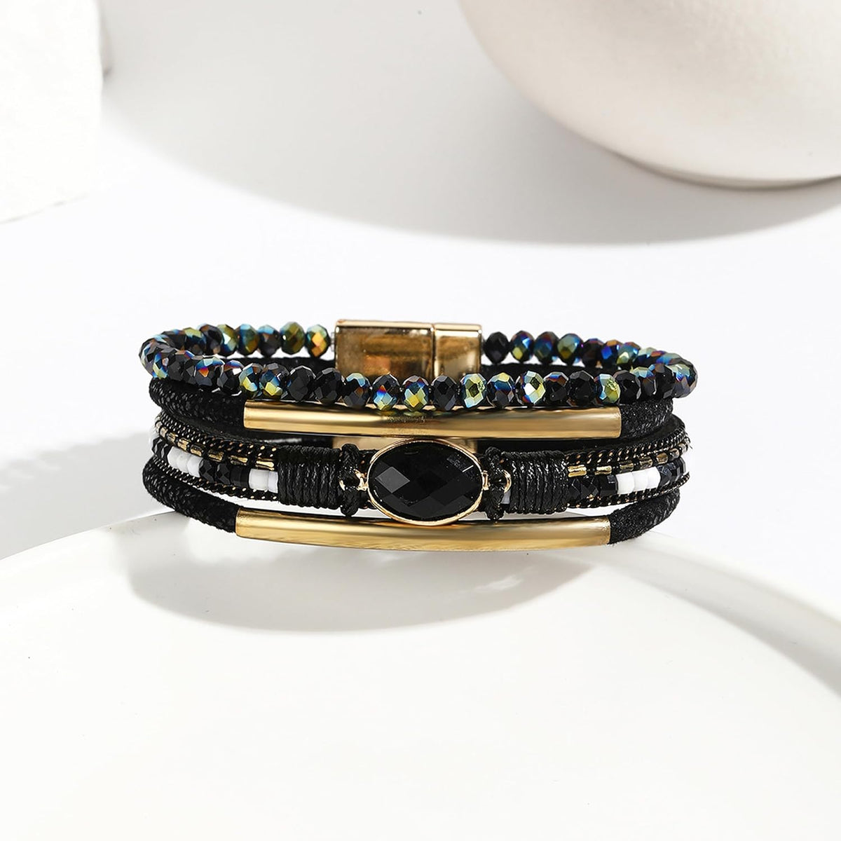 Gold Full Diamond Leather Wide Magnetic Buckle Bracelet