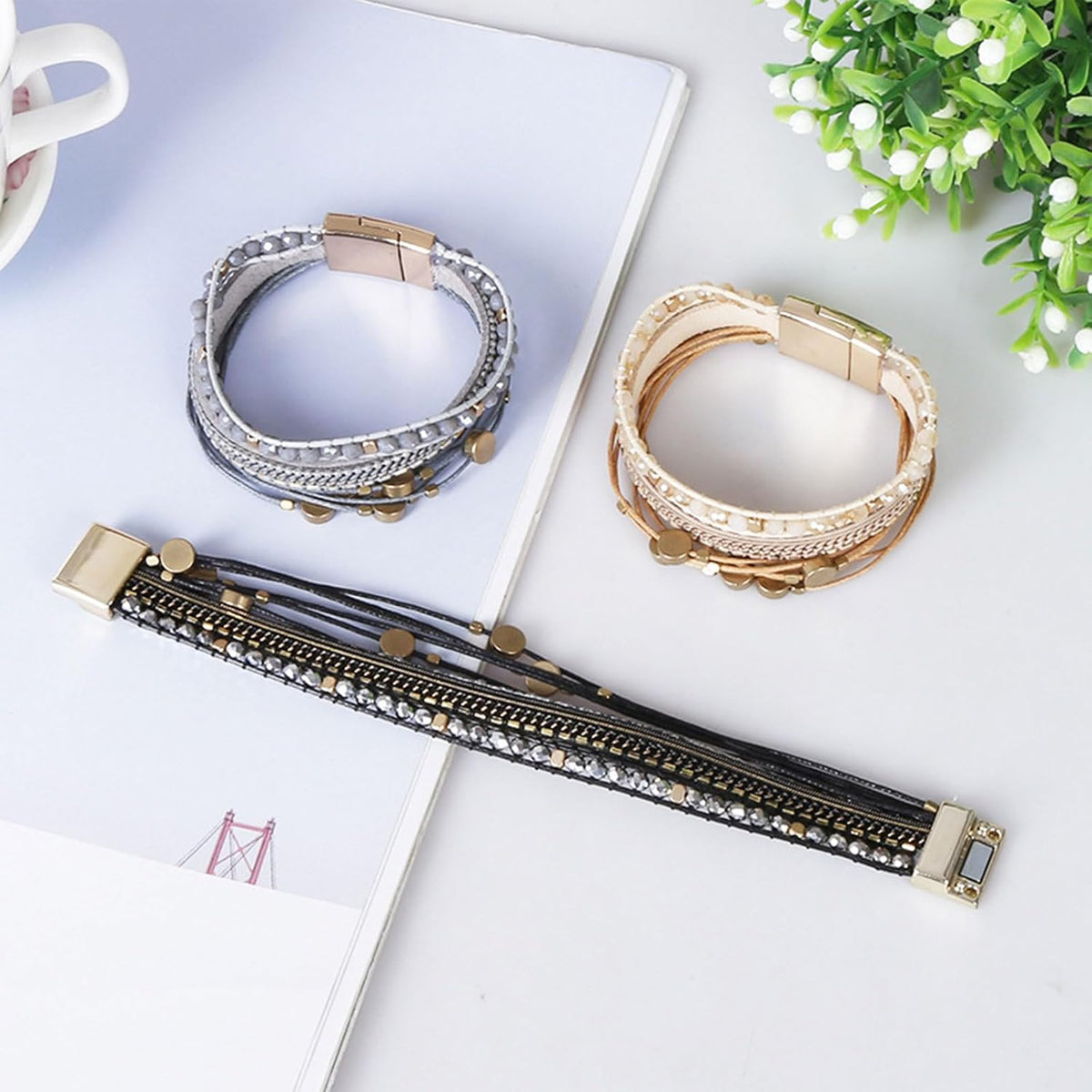 Gold Full Diamond Leather Wide Magnetic Buckle Bracelet