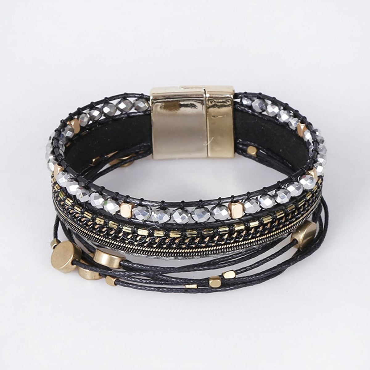 Gold Full Diamond Leather Wide Magnetic Buckle Bracelet