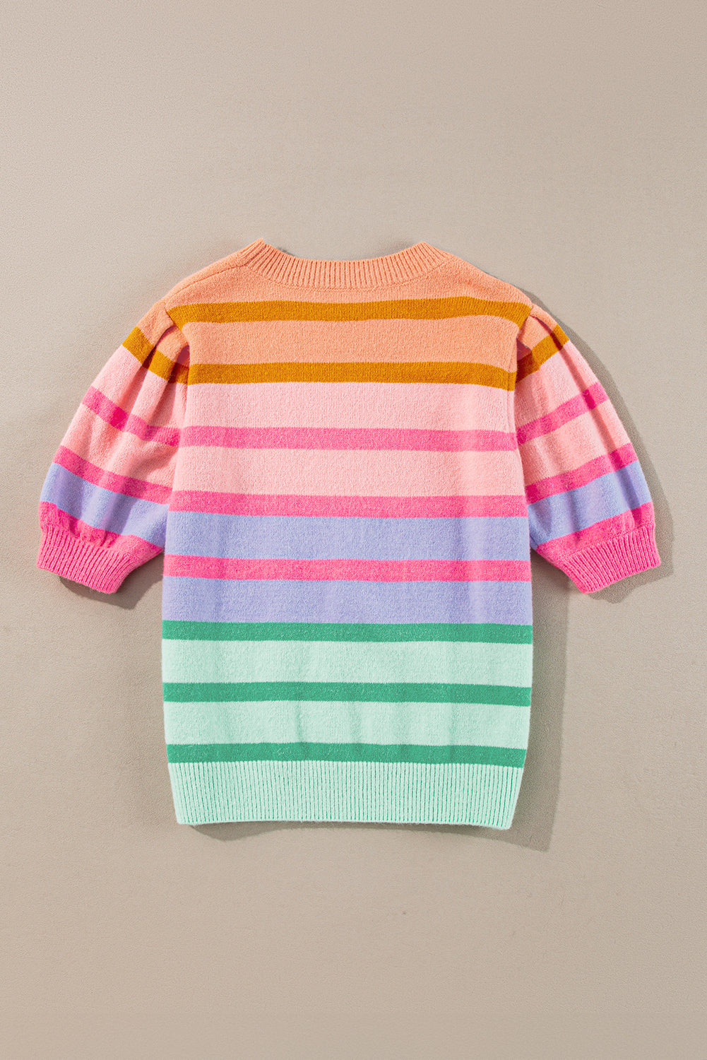 Rose Red Colourful Stripe Bubble Sleeve Gradient Knit Top