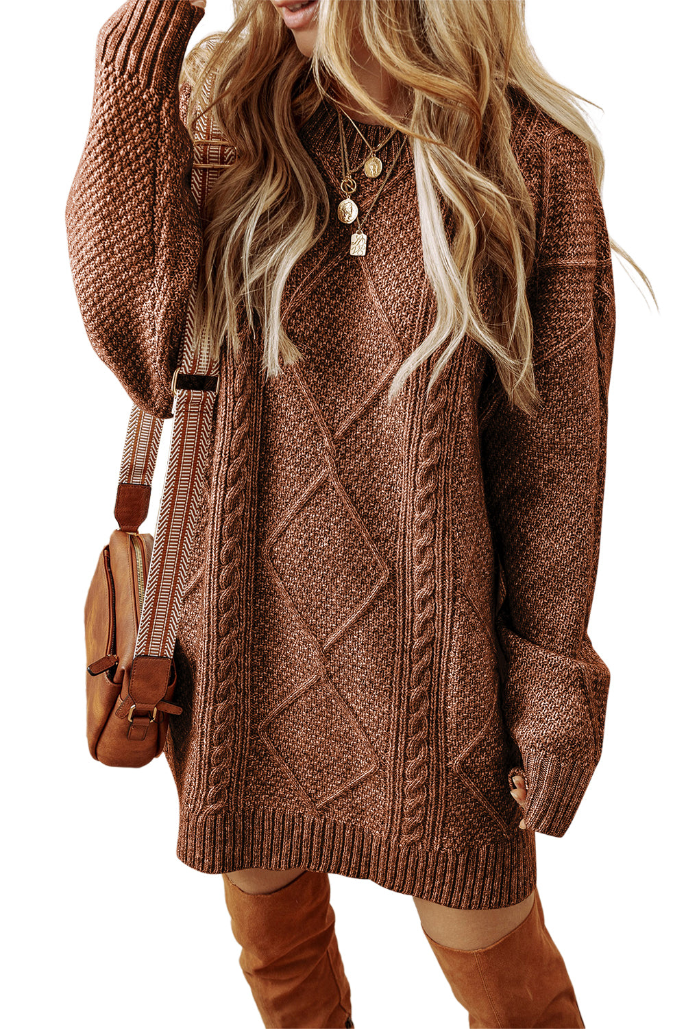 Coffee Twist Cable Knit Drop Shoulder Loose Fit Sweater Dress