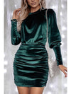 Black Velvet Puff Sleeve Ruched Bodycon Dress