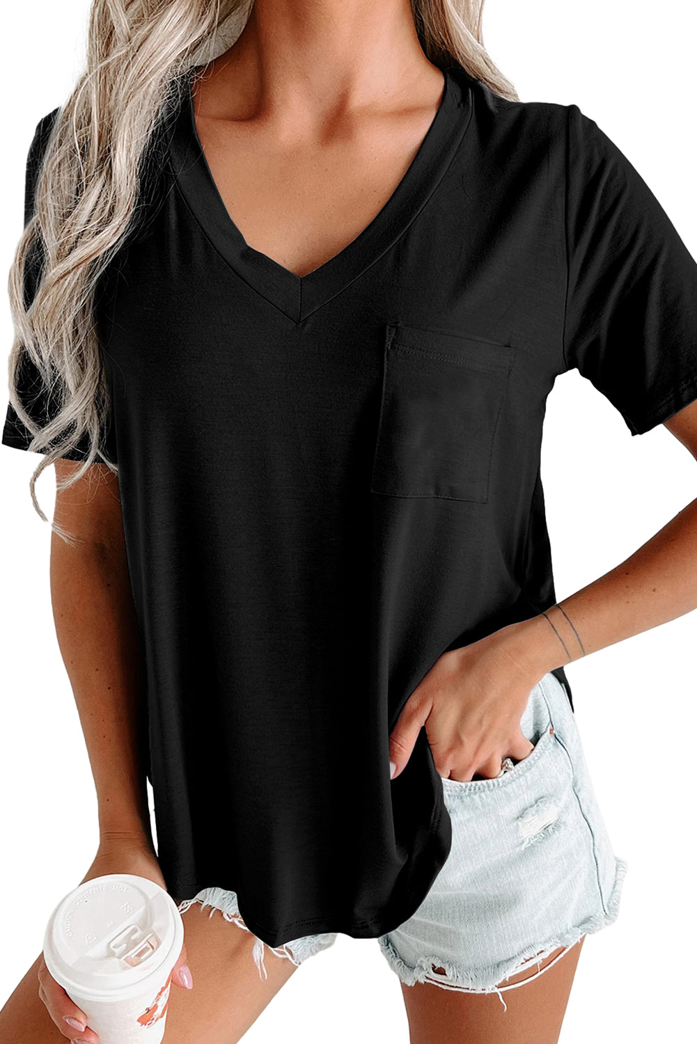 Medium Grey V Neck Pocketed Rounded Hem Tee