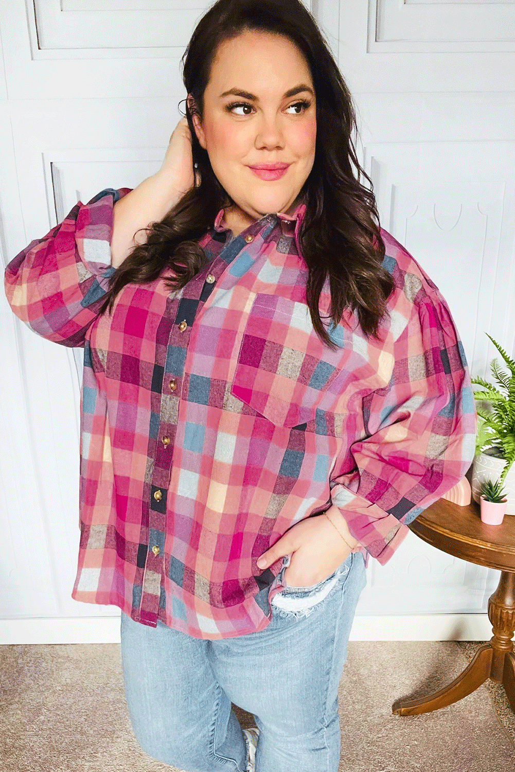 Rose Checkered Print Button-up Plus Size Shirt