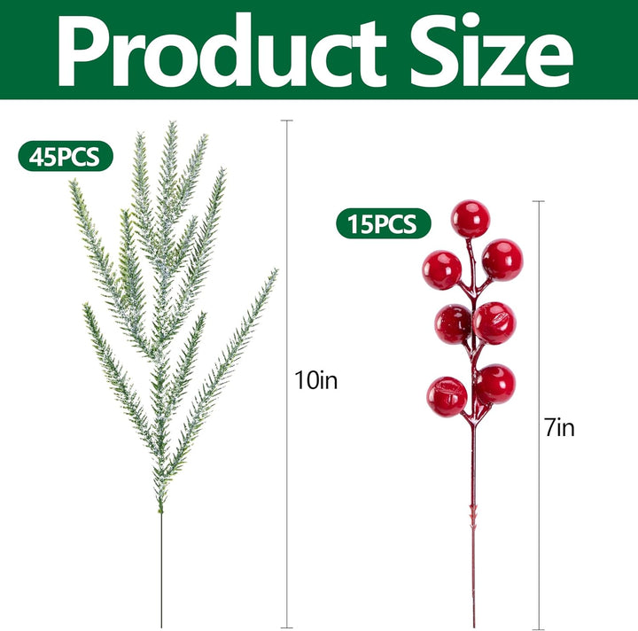 45 Pcs Christmas Artificial Pine Branches with Red Berry Stems, 10.5"