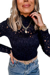 Black Lace Flower Slim Fit Long Sleeve Top