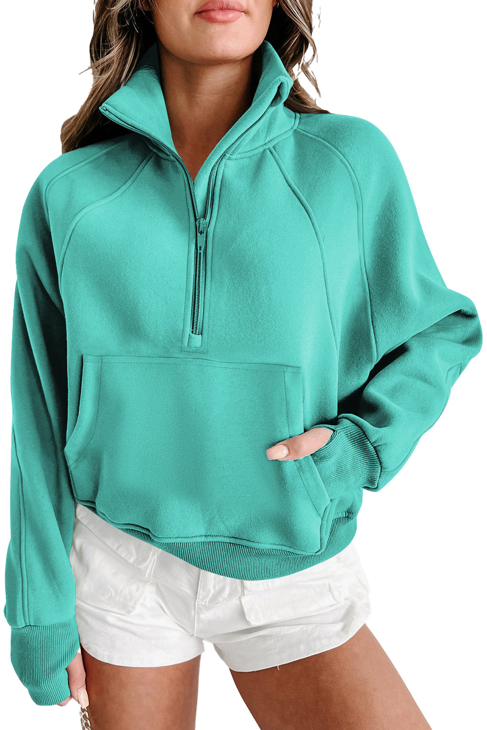 Parchment Quarter Zip Stand Neck Kangaroo Pocket Sweatshirt