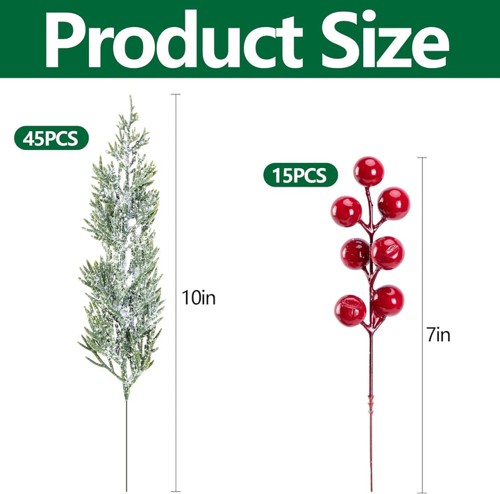 45 Pcs Christmas Artificial Pine Branches with Red Berry Stems, 10.5"