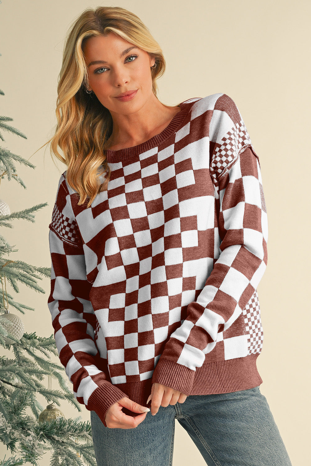 Carrot Checkered Drop Shoulder Round Neck Sweater