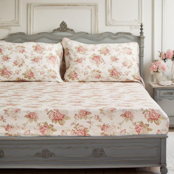 Hint of Mint Dainty Cottage Floral Roses Cotton Fitted Sheet w/ Pillow Case (3036)