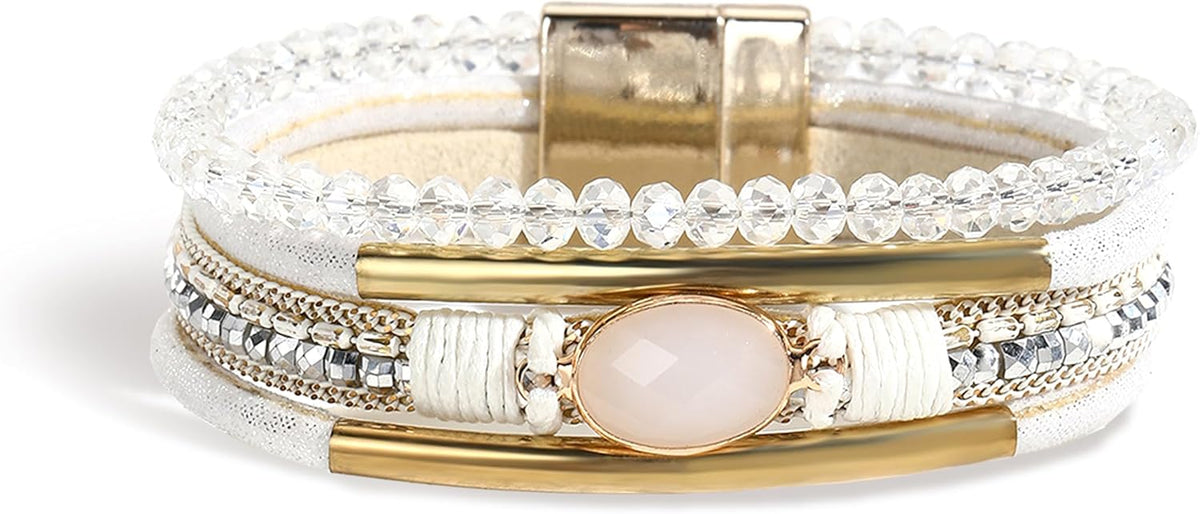 Gold Full Diamond Leather Wide Magnetic Buckle Bracelet