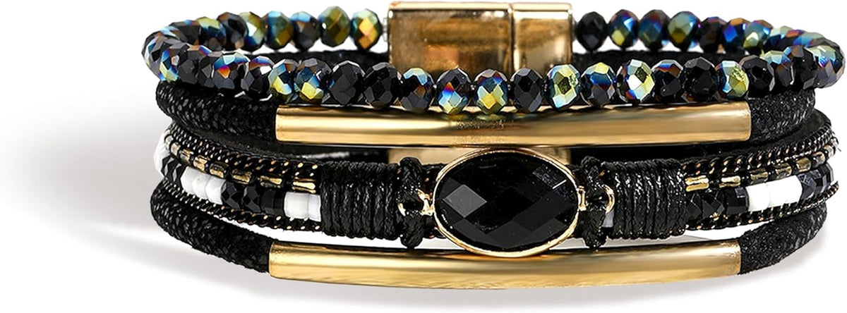 Gold Full Diamond Leather Wide Magnetic Buckle Bracelet